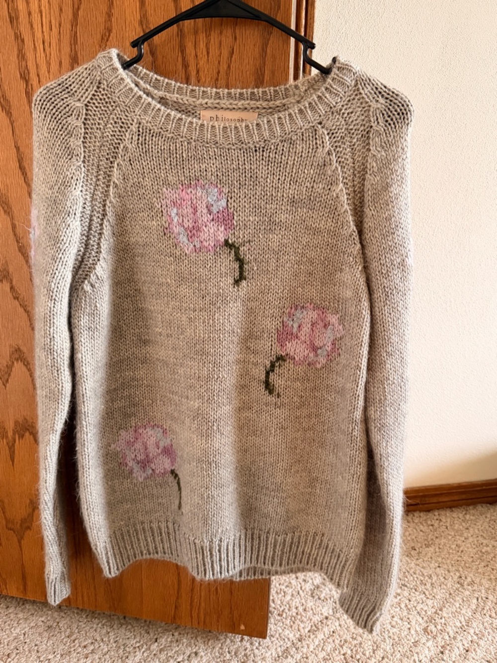 Philosophy Beige Knit Crewneck Sweater with Pink Floral Embroidery